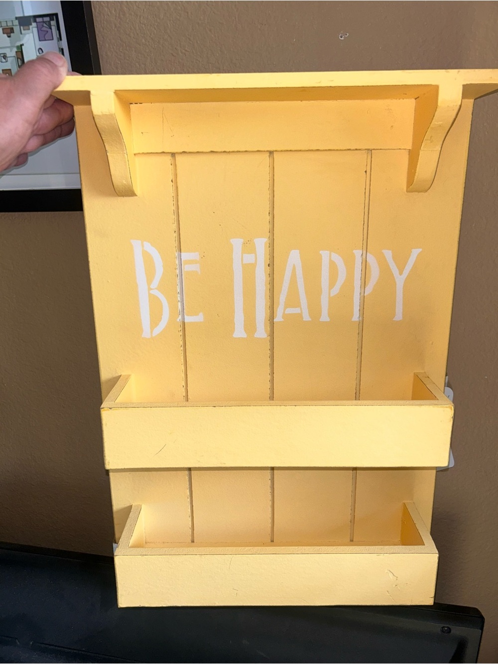 Yellow "Be Happy" Wall Shelf Decor